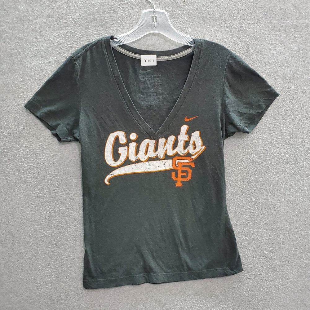 San Francisco Giants Women T-Shirt Medium Gray Swoosh Logo Nike V Neck‎ Yee MLB